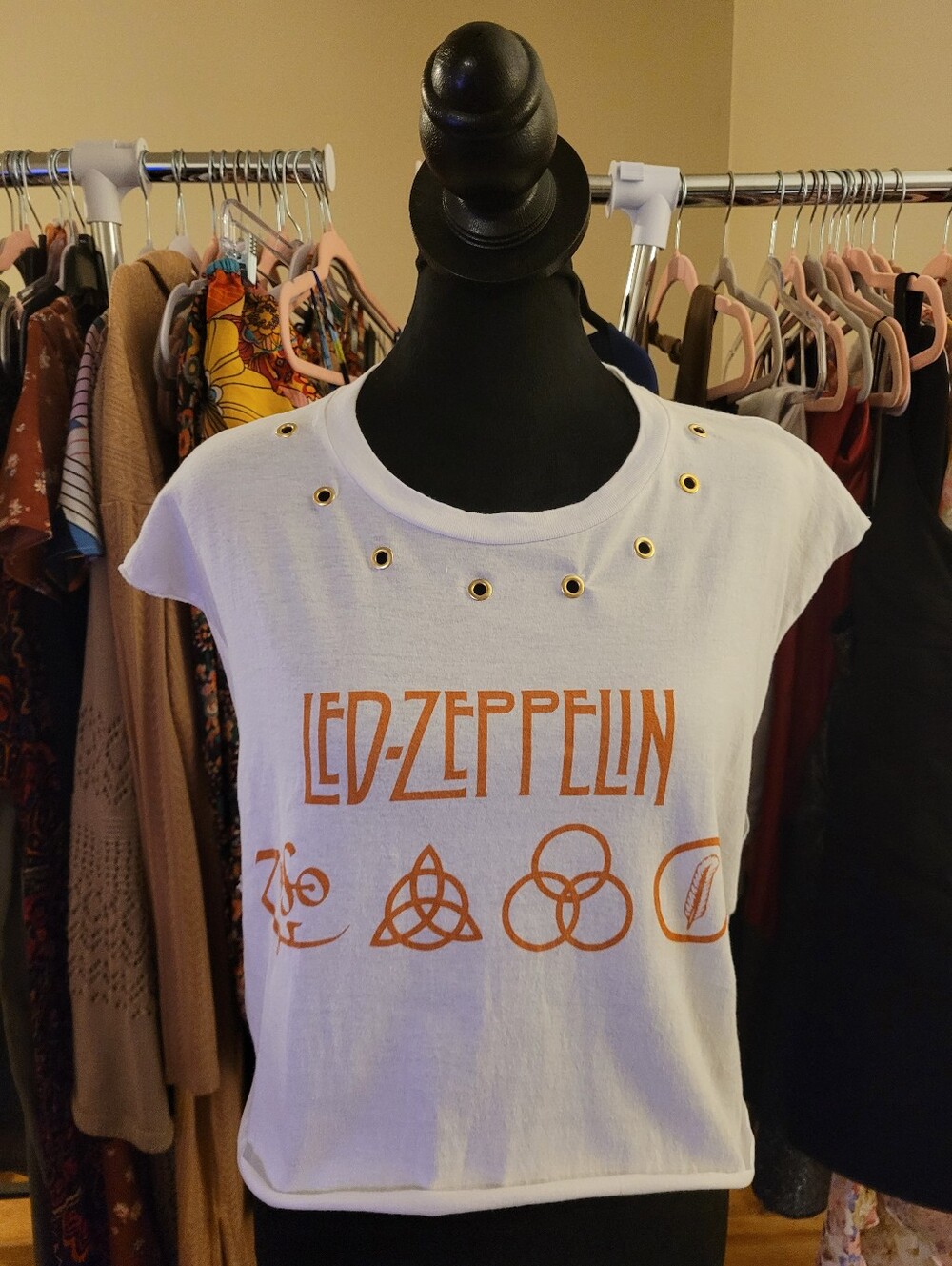 Handmade Led-Zeppelin White Graphic Tee Cutoff Cropped Tank Gold Accents M-L